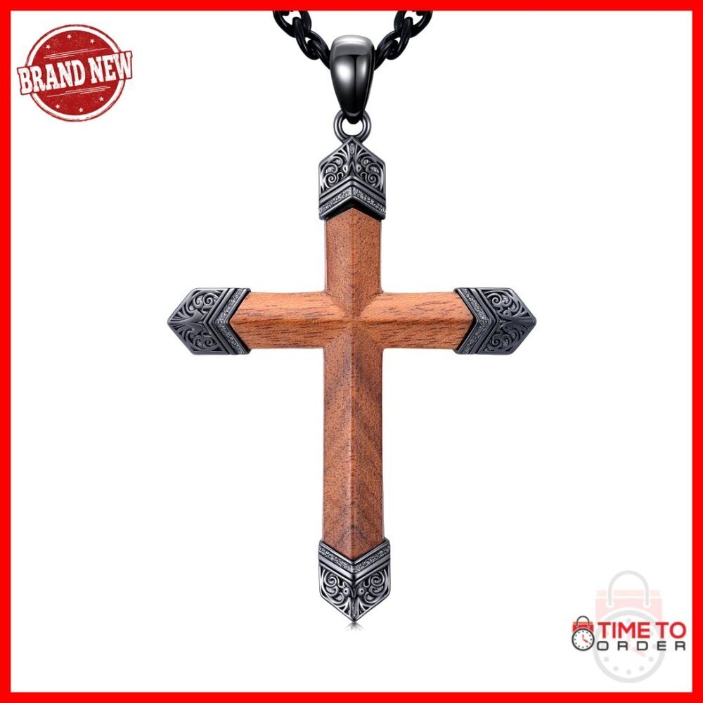Sterling Silver Wood Cross Pendant Necklace for Men